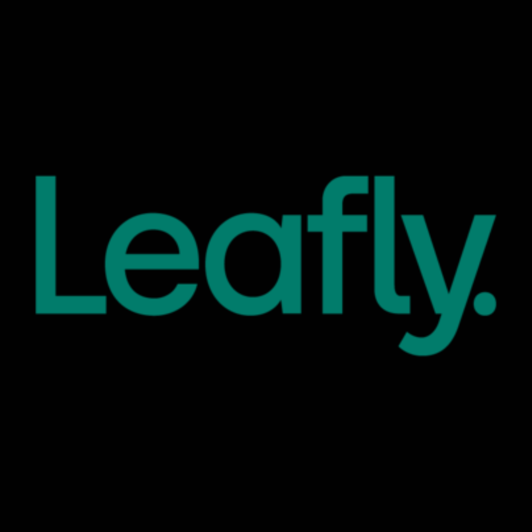 Leafly's logo incorporates a stylized green font within its name, using a friendly, modern sans-serif typeface. The design signifies its focus on cannabis strain information and industry news.