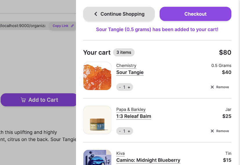 Meadow Menu Pro with the pop out cart active, showing three products in the cart and a checkout button