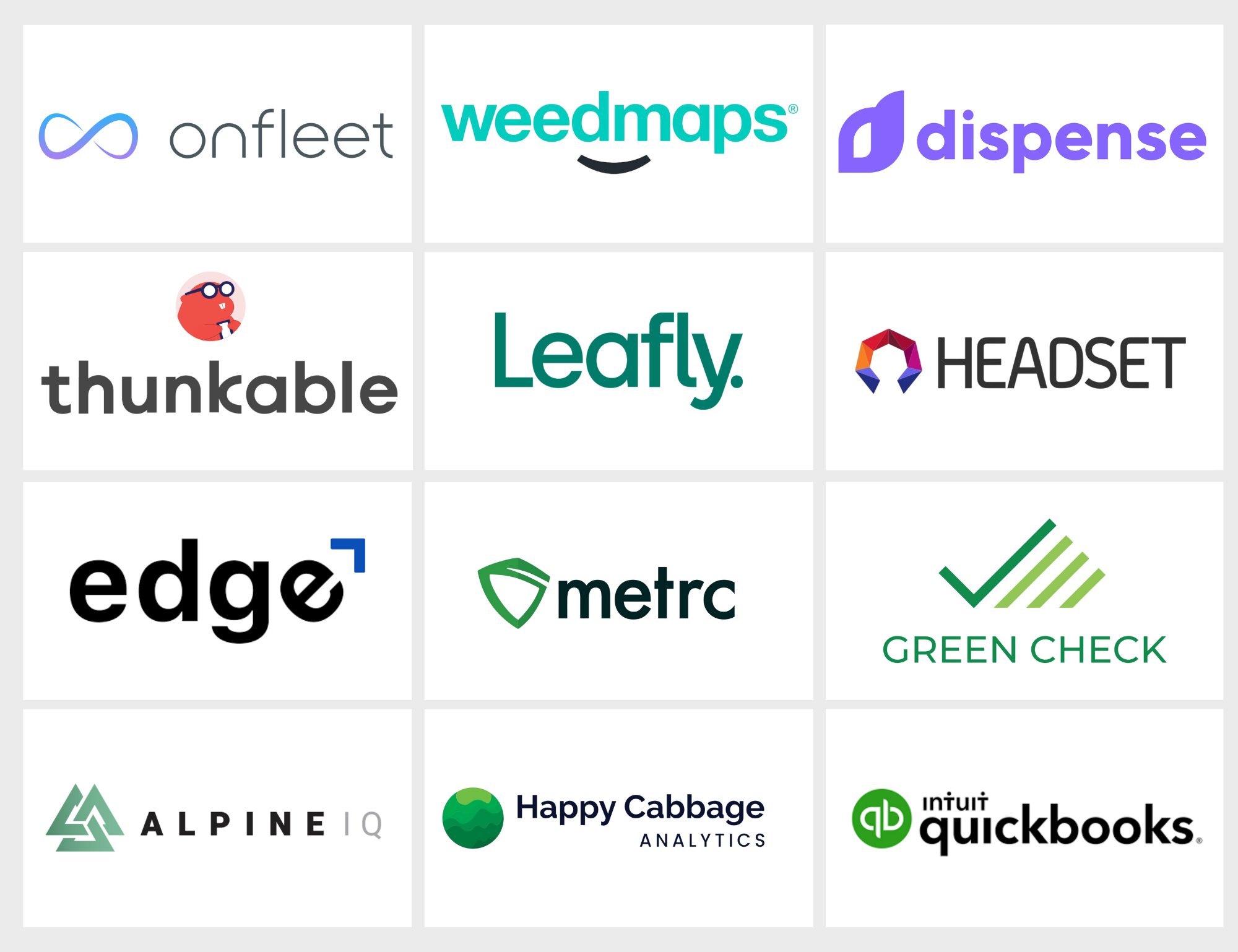 Meadow's API Integration partners, including: Onfleet, Weedmaps, Dispense, Thunkable, Leafly, Headset, Edge, Metrc, Green Check Verified, Alpine IQ, Happy Cabbage, and Quickbooks. 