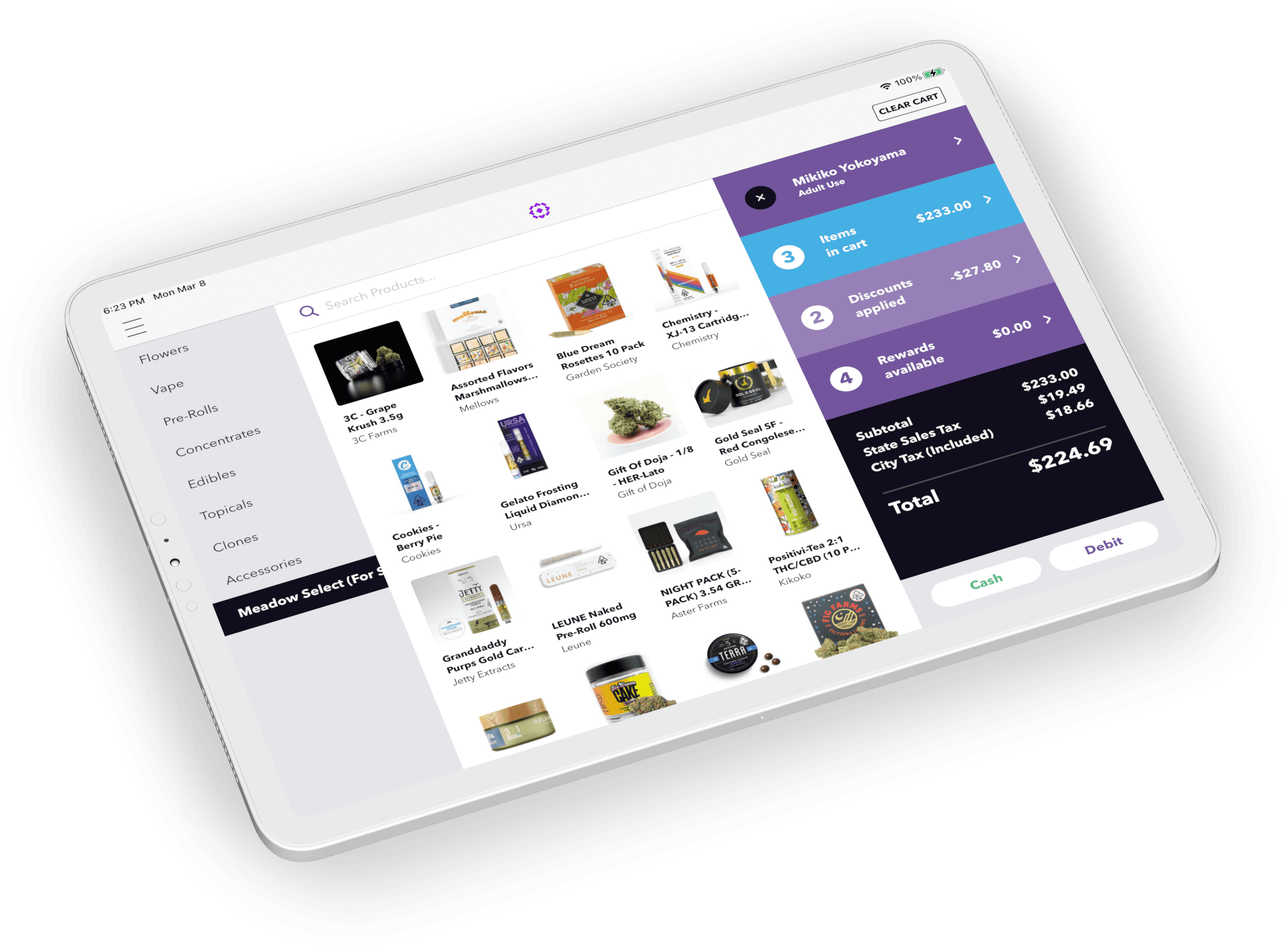 An iPad running Meadow's Point of Sale system