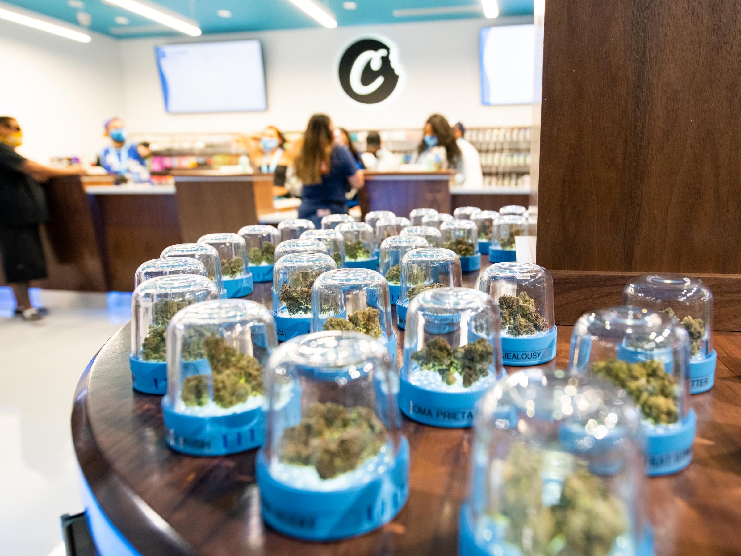 Jars of nuggs at the Cookies dispensary