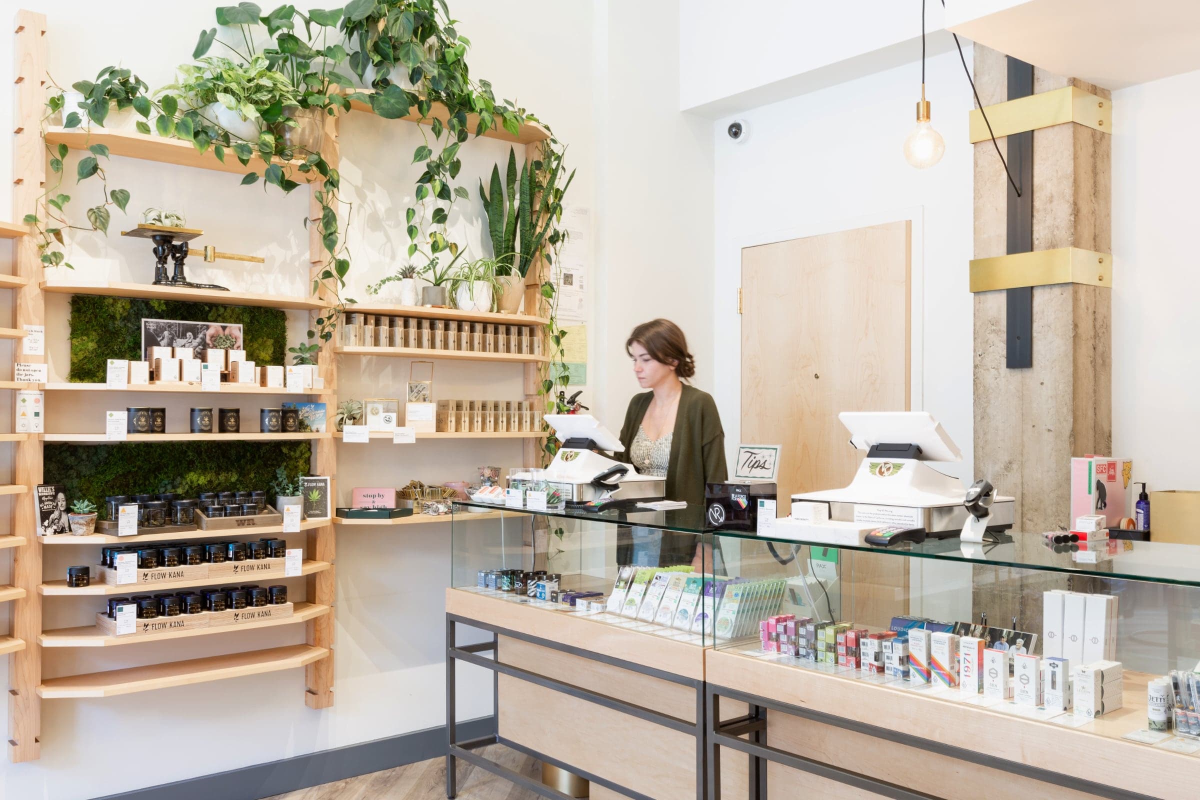 A budtender using Meaow's POS behind the counter at The Vapor Room