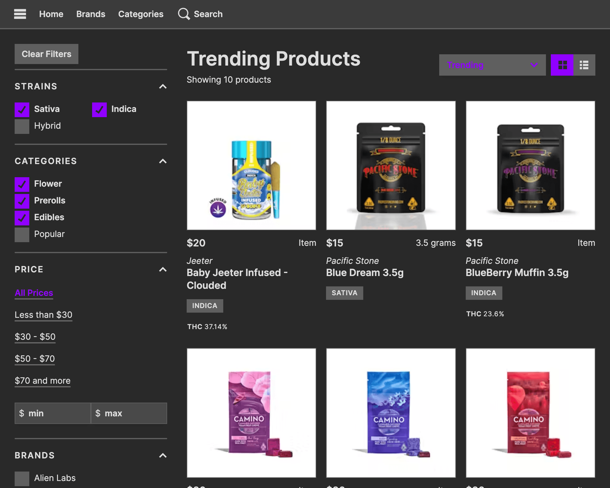 Meadow Menu Pro showing Trending products with filters applied