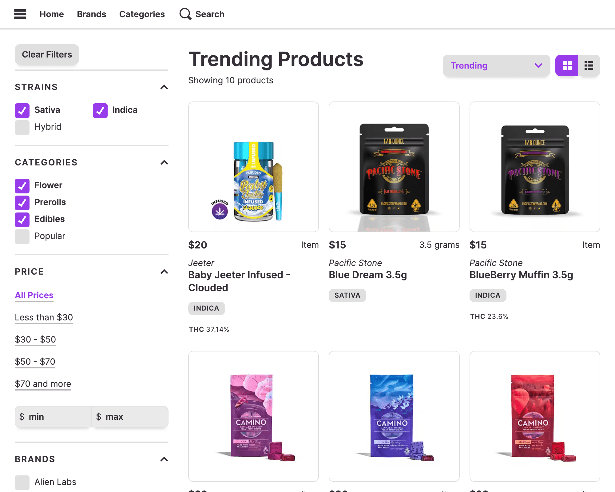 Meadow Menu Pro showing Trending products with filters applied