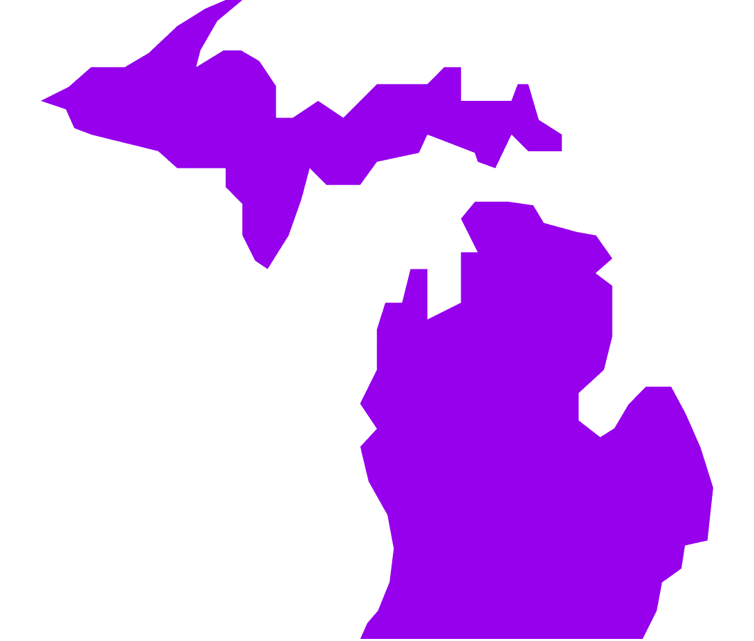 A simple map image of the state of Michigan, showcasing its recognizable mitten shape and the Upper Peninsula. The Great Lakes surrounding Michigan—Lake Superior, Lake Michigan, Lake Huron, and a portion of Lake Erie—are outlined, emphasizing the state's unique geography. The map is stylized for clarity, with borders and key features presented in a minimalist fashion, offering a clear and straightforward representation of Michigan's layout.