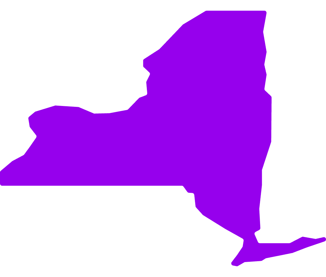 Map of New York, showcasing its iconic shape with clear borders. The map highlights the state's outline and provides a clean visual representation of New York state's geography against a plain background.