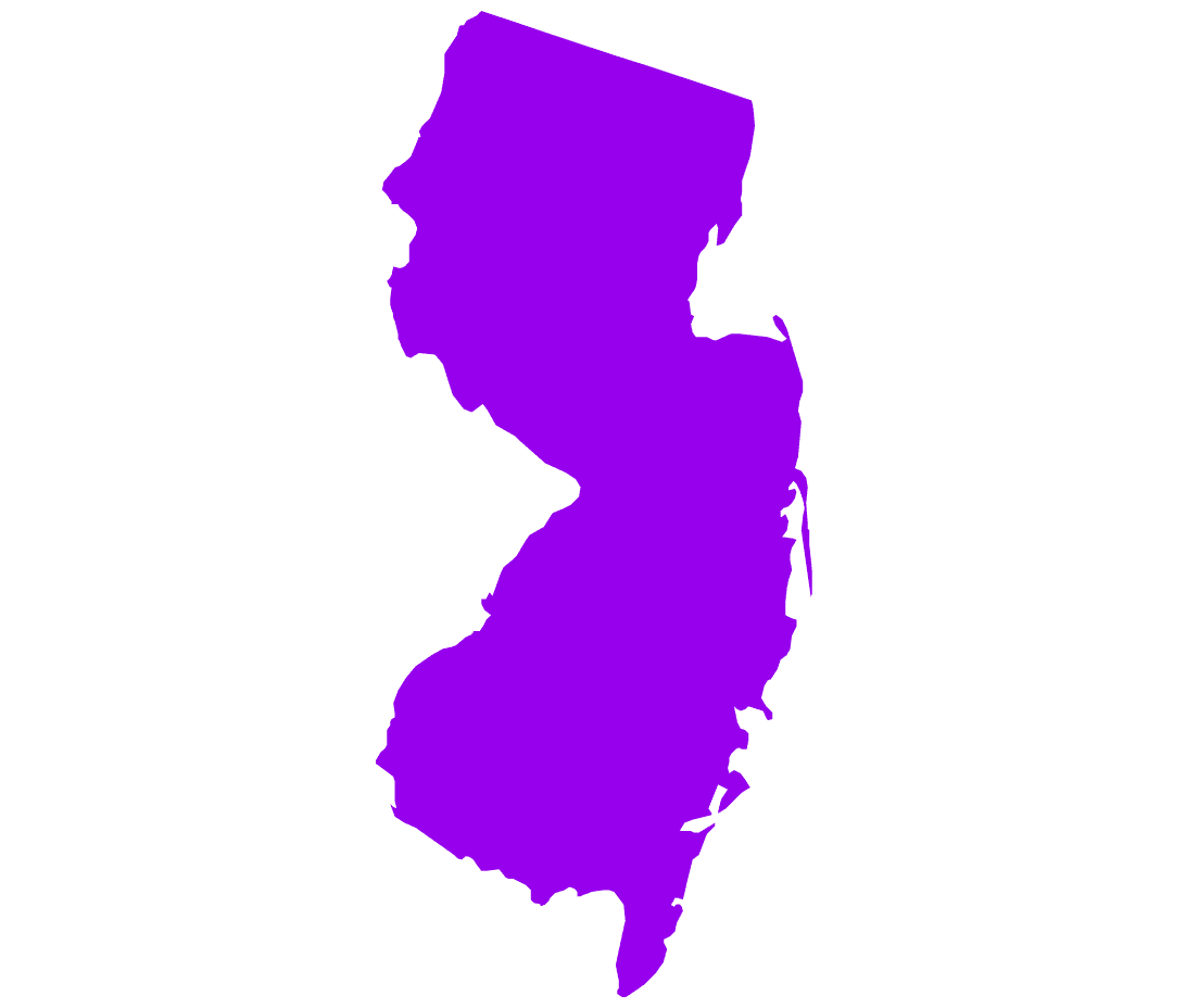 Map of New Jersey, showcasing its iconic shape with clear borders. The map highlights the state's outline, emphasizing its narrow north to the broader southern regions, without intricate geographic details. Major cities include Newark, Jersey City, and Atlantic City. The image provides a clean visual representation of New Jersey's geography against a plain background.