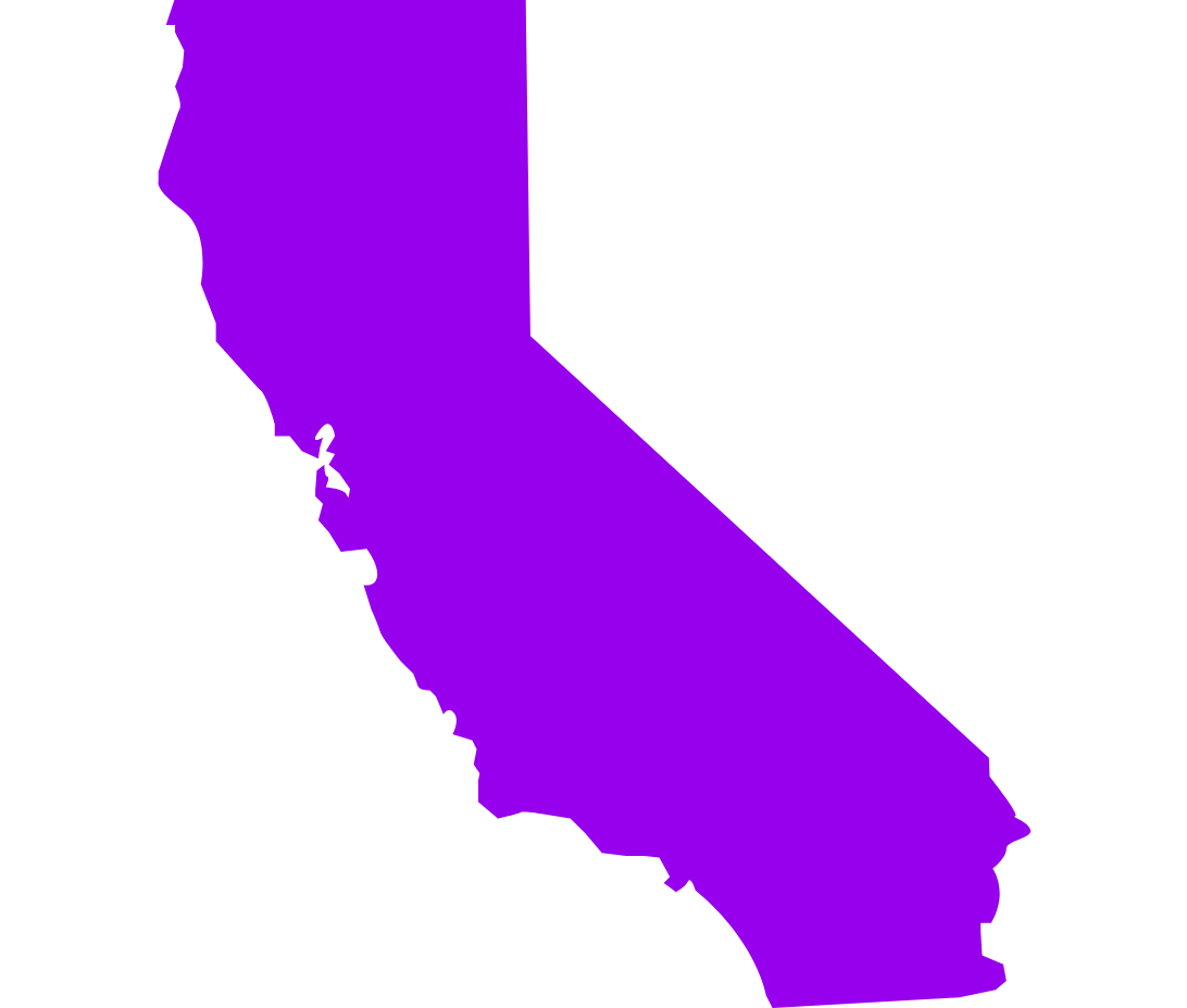 A bright purple, minimalist illustration of California, showcasing its iconic, elongated shape from the misty forests of the North down to the sunny beaches of the South. 