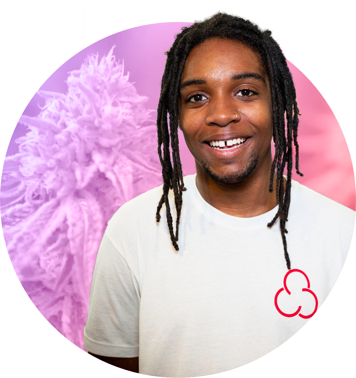 Raheem Santos from Coast To Coast superimposed over colorful cannabis flower