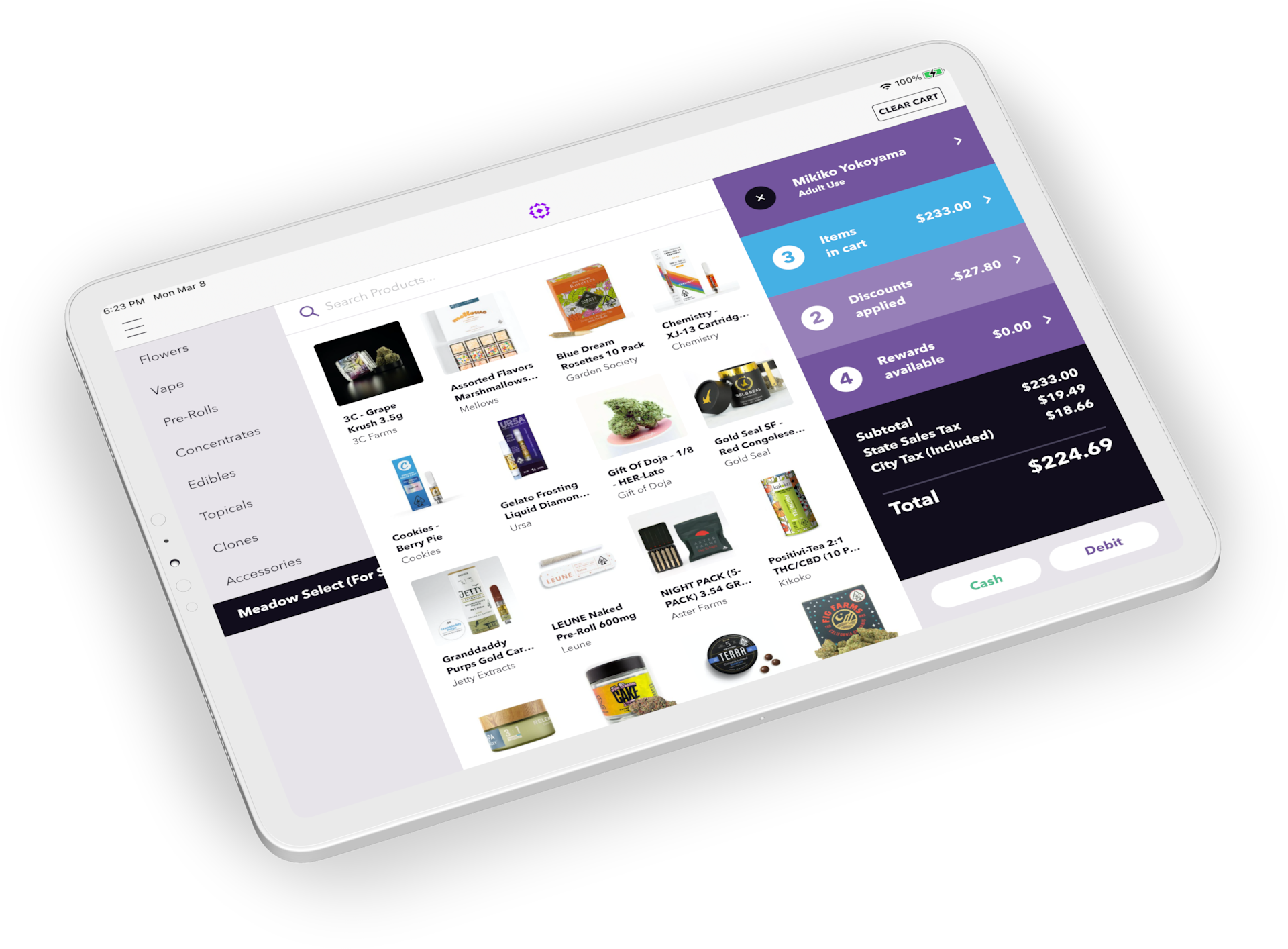 An iPad running Meadow's Point of Sale system