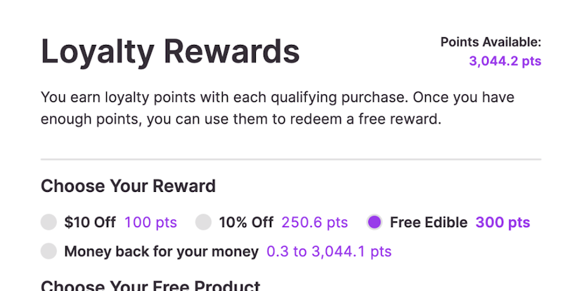 Menu Pro's loyalty rewards page, featuring available loyalty points, $10 off reward, 10% off reward, free edible reward, and a money back reward.