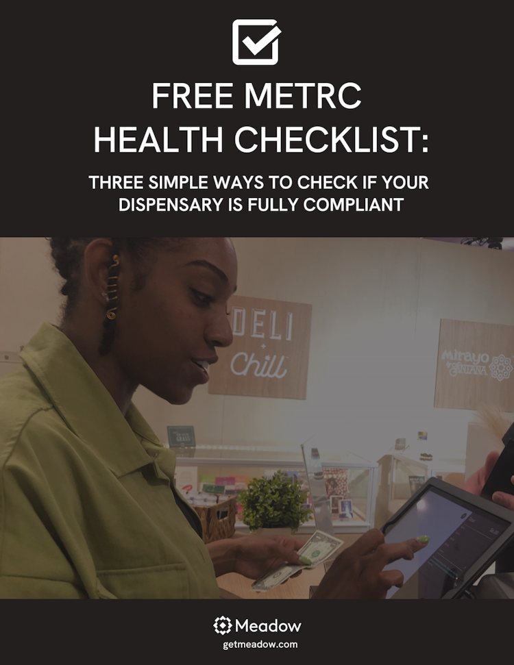A book cover labeled "Free Metrc Health Checklist", showing a woman at a Meadow POS station