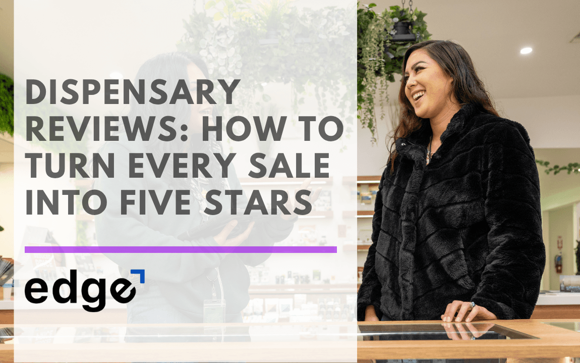 Blog header graphic split into two panels. The left panel is a light overlay over a blurred dispensary interior, with gray text reading "Dispensary Reviews: How to Turn Every Sale into Five Stars" above a purple accent rule and the Edge logo (black lowercase wordmark with a blue angled accent on the "e"). The right panel shows a smiling woman with long dark hair in a black faux-fur coat standing at a wood-and-glass display counter, looking off to the side. Hanging greenery, white retail shelving, a green exit sign, and a security guard in the background fill the store behind her.