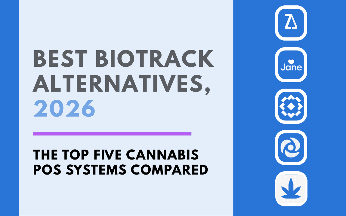 Best Biotrack Alternatives, 2026 blog banner with the subtitle The Top Five Cannabis POS Systems Compared and five cannabis POS platform logos on a purple background.