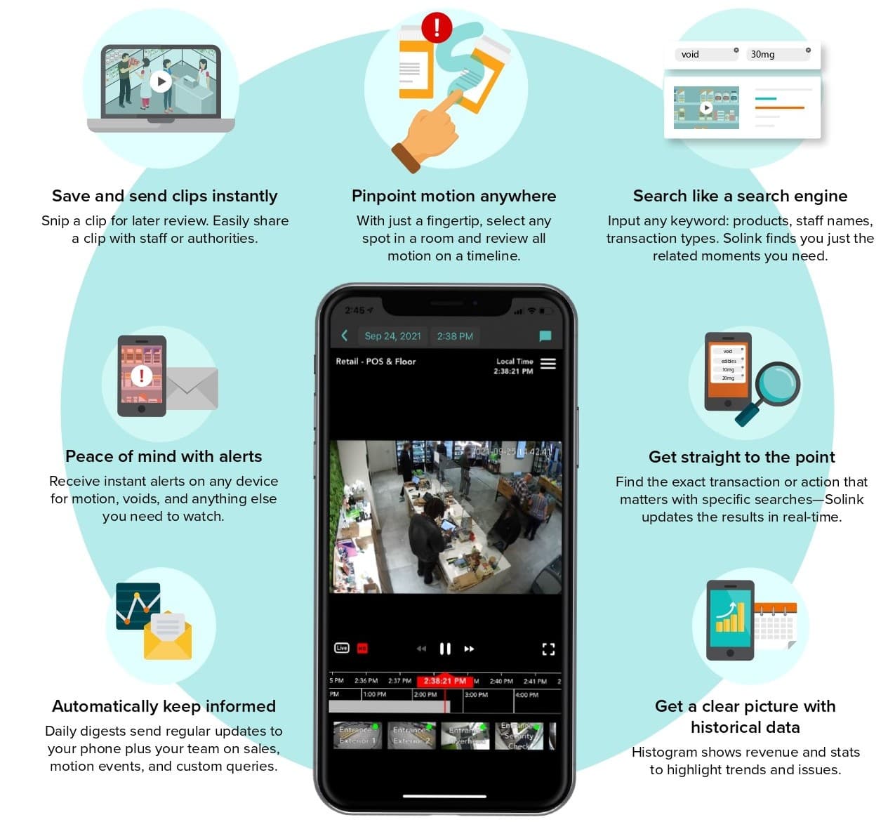 The central phone screenshot demonstrates Solink’s POS-integrated video playback interface with features like:
Motion detection timelines
Keyword-based search
Clip sharing and alerts
What It Shows:
Meadow POS data feeds into Solink, allowing staff to instantly pair suspicious transactions with matching video clips.
Dispensary managers can pinpoint activity by keyword, such as “void” or “30mg,” helping reduce loss and reinforce compliance.
Alerts and daily digests triggered by Meadow events ensure dispensary teams stay informed and act fast.