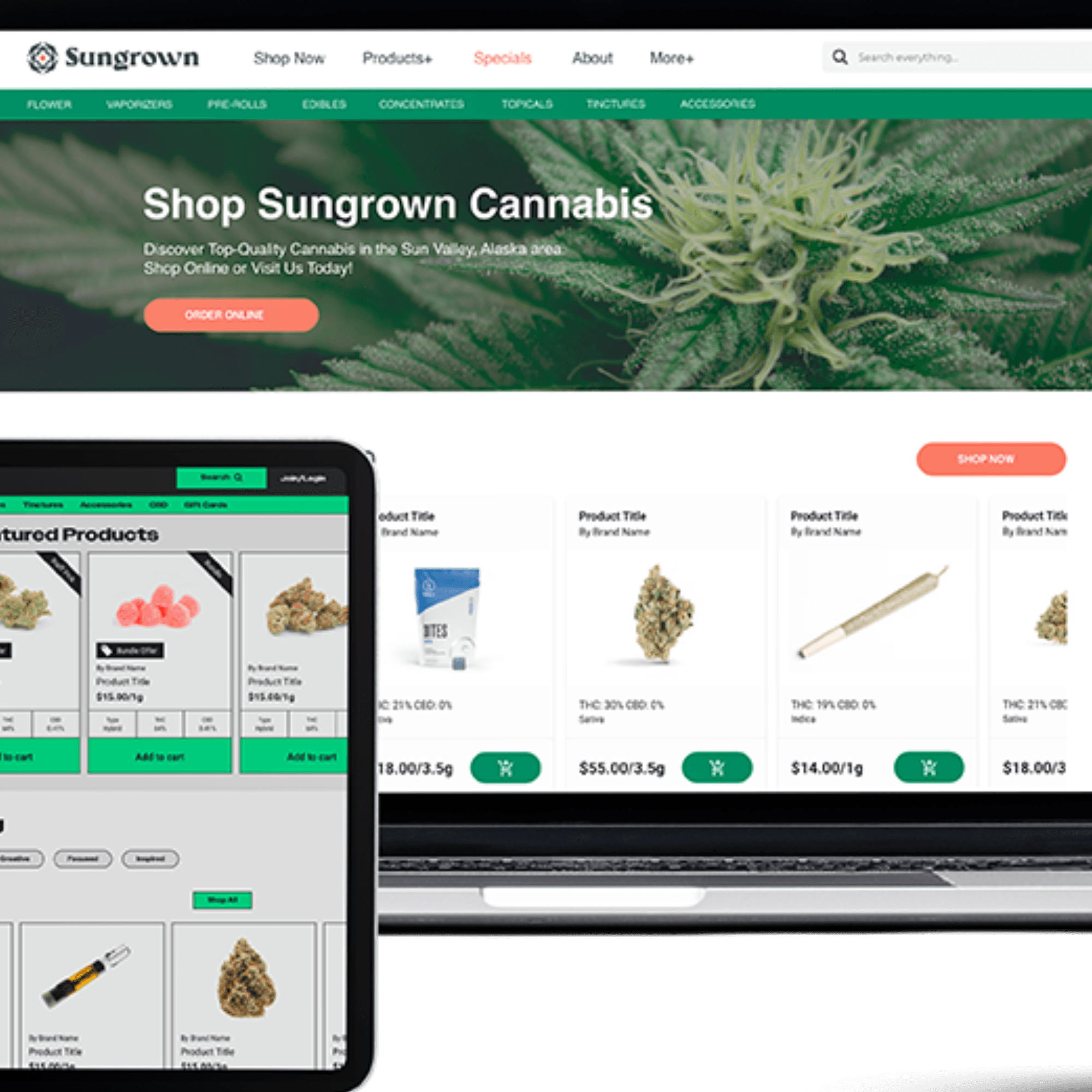 The Rank Really High platform powers custom dispensary websites across laptops, tablets, and smartphones, with tailored branding and seamless navigation:
Native eCommerce: Rank Really High delivers fast, user-friendly online storefronts built specifically for dispensary customers.
POS Integration via Meadow: Every product, price, and inventory count shown is pulled directly from Meadow’s real-time backend—ensuring accuracy, compliance, and smooth customer transactions across devices.