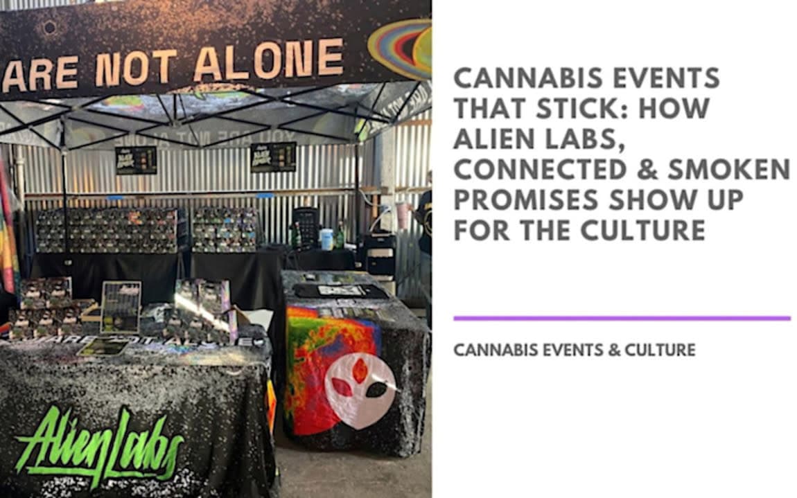 The Alien Labs pop-up booth features bold branding, cosmic visuals, and a vibrant display of top strains and merch.