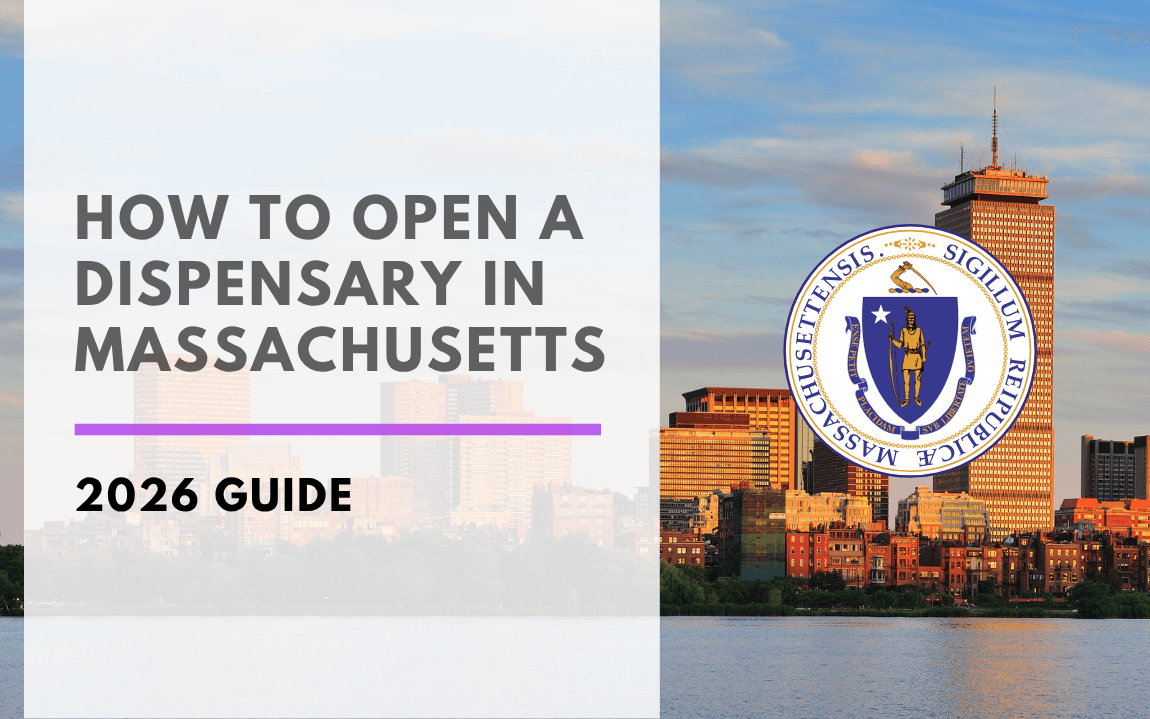 Boston skyline at sunset with the Massachusetts state seal, on a graphic titled "How to Open a Dispensary in Massachusetts, 2026 Guide" from Meadow.