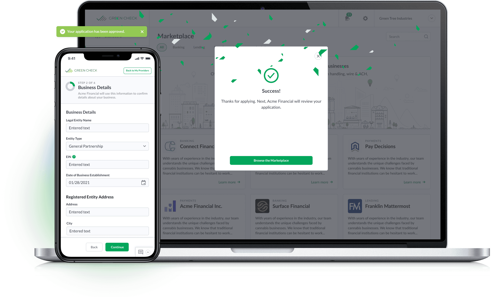 A mobile application interface shows a dispensary applying for financial services, followed by a confirmation success message:
Frictionless Enrollment: Meadow’s integration with GCV enables retailers to pre-fill business details and sales data—accelerating approval times for banking, payments, and loans.
One Application, Multiple Providers: By syncing Meadow's verified data, GCV allows dispensaries to apply once and shop around—eliminating redundant paperwork and risk misalignment.
