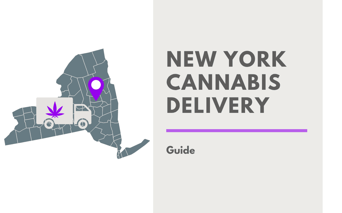 Blog banner reading 'How to Open a Delivery Service in New York: 2026 Guide' with a Manhattan skyline view and an I-Love-NY style emblem featuring a cannabis leaf.