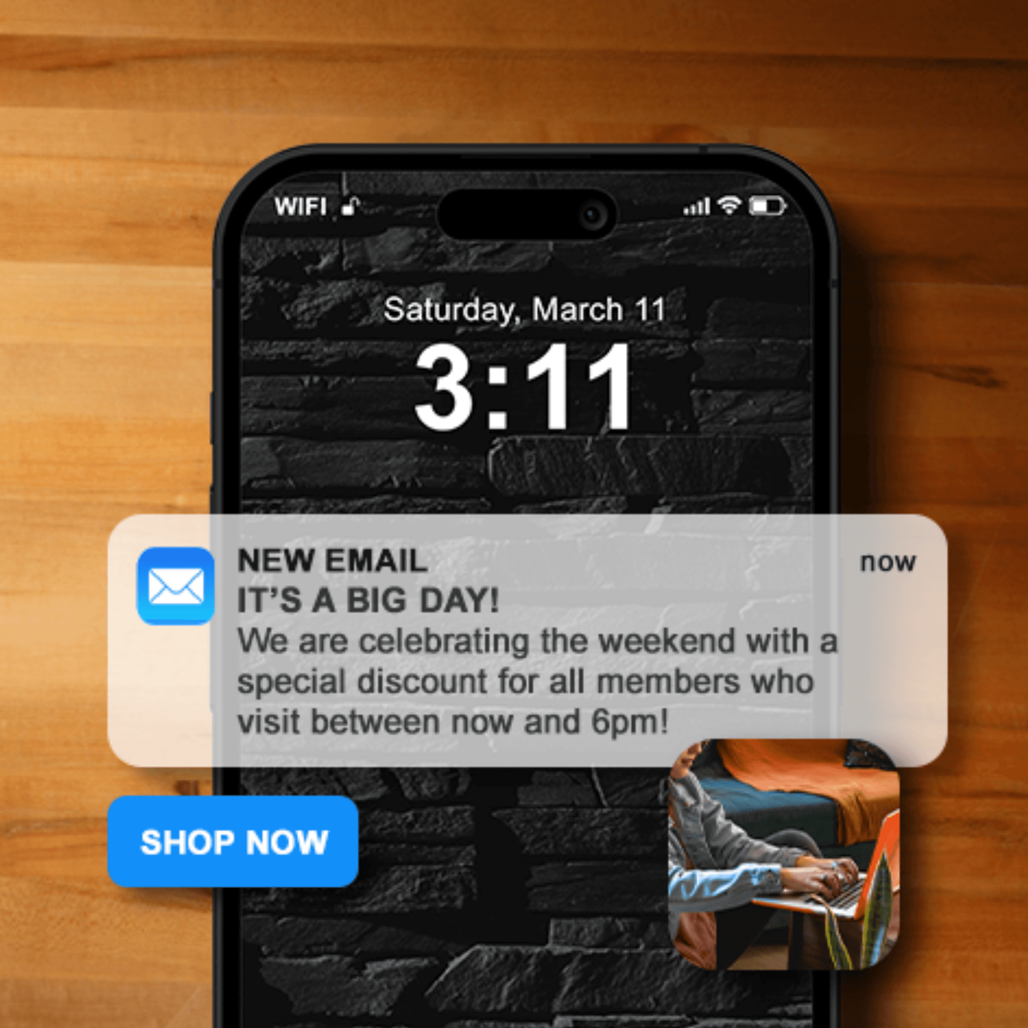 A smartphone lock screen shows a new email notification: “IT’S A BIG DAY! We are celebrating the weekend with a special discount for all members who visit between now and 6pm!” with a “Shop Now” button. This represents Springbig’s email marketing campaigns designed to drive customer engagement and in-store traffic.