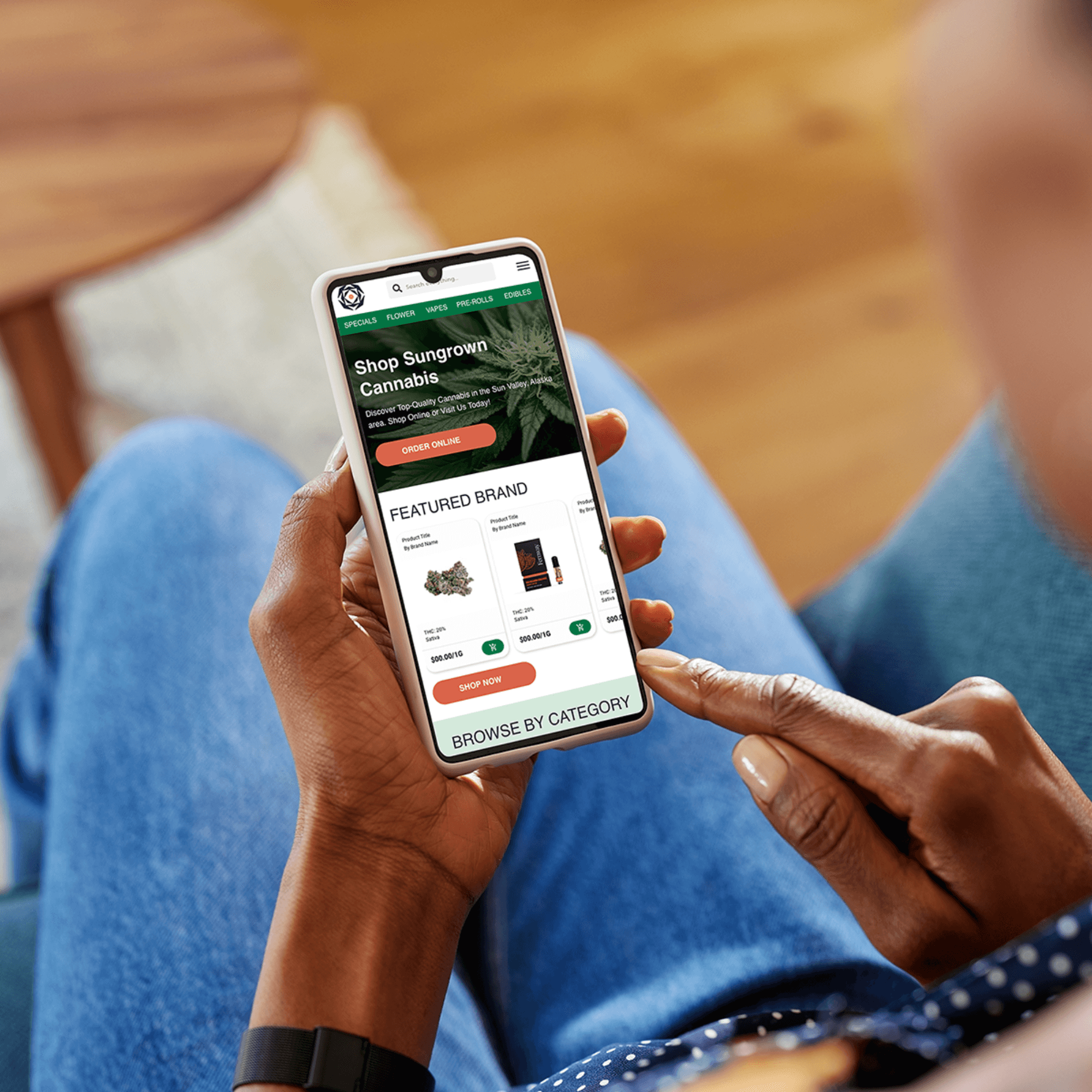 A shopper browses and adds products to their cart via mobile, with easy navigation and live pricing:
Frictionless Mobile Commerce: Rank Really High ensures mobile visitors convert through responsive design and single-click checkout experiences.
Real-Time Data from Meadow: Product details, taxes, and availability are dynamically updated from Meadow’s POS, reducing abandoned carts and ensuring compliance at checkout.