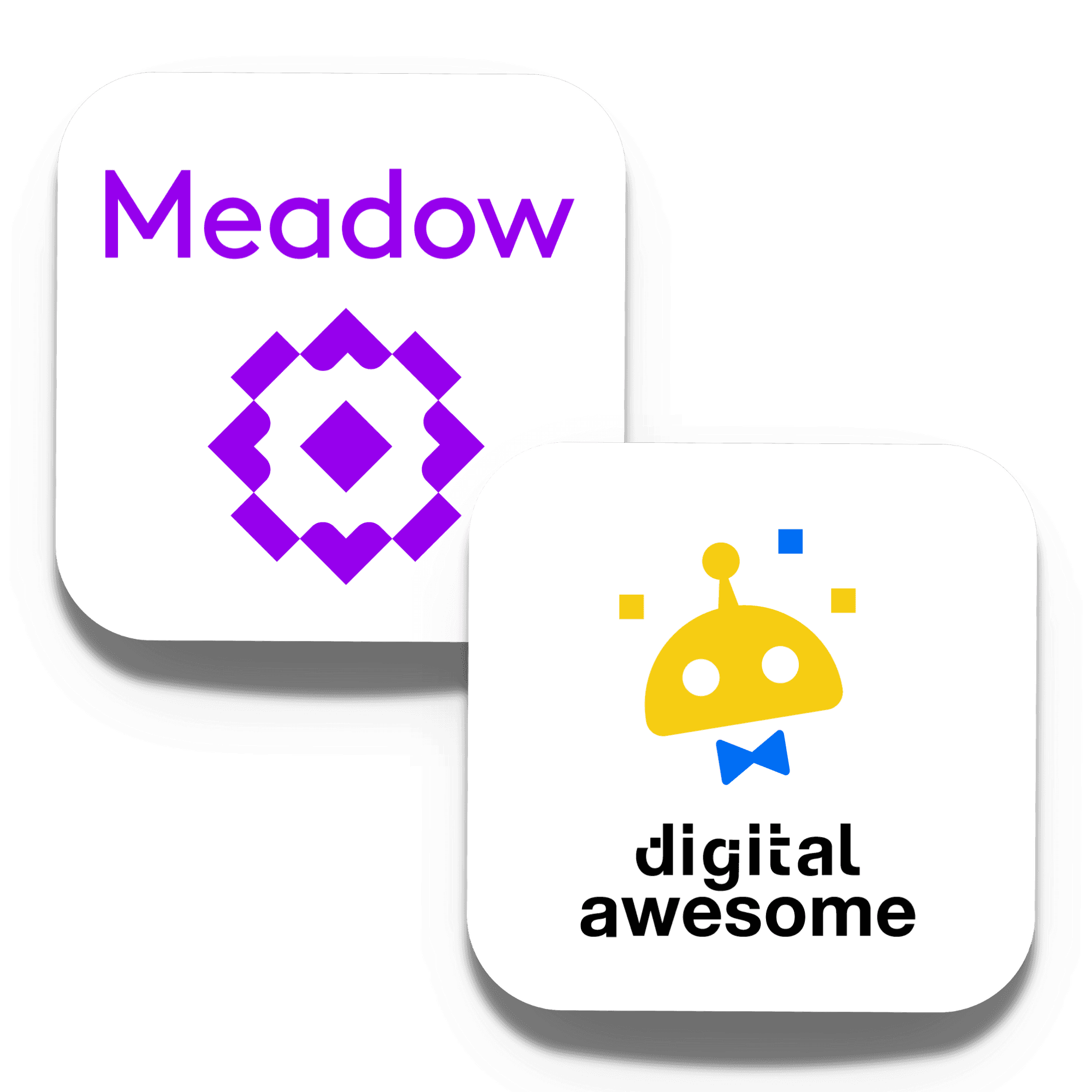 A clean graphic featuring the logos of Meadow and Digital Awesome, representing their integration partnership. The Meadow logo—featuring a bold, purple geometric design and wordmark—appears in the upper left. Overlapping slightly in the lower right is the Digital Awesome logo, which includes a playful yellow robot head with pixel accents and a blue bow tie, paired with a lowercase black wordmark. The design symbolizes a seamless connection between Meadow’s cannabis retail software and Digital Awesome’s custom mobile app platform, anchoring the hero section of their integration showcase.