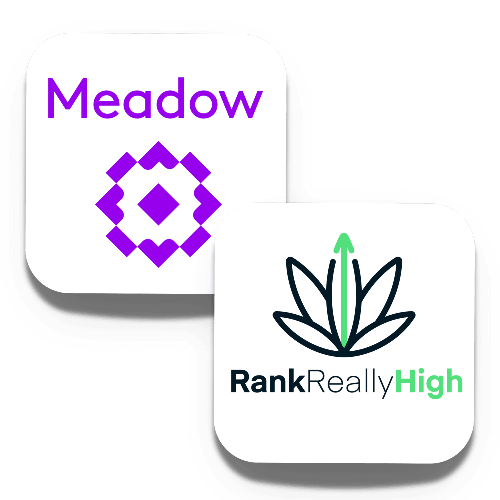 A clean, conversion-forward graphic capturing the powerful collaboration between Meadow and Rank Really High. In the upper left, the Meadow logo—bold and bright in purple with its geometric icon and modern wordmark—establishes structure and brand integrity. Slightly overlapping in the lower right is the Rank Really High logo, featuring a stylized cannabis leaf with an upward-pointing green arrow at its center, combined with a bold sans-serif wordmark that blends black and mint green—visually emphasizing growth and performance.
The overlapping composition reflects the seamless integration between Meadow’s POS and retail software and Rank Really High’s high-performance cannabis e-commerce platform. Together, they empower dispensaries to build beautiful, branded websites with real-time inventory sync, native shopping, SEO optimization, and enhanced merchandising tools—all directly fueled by accurate, up-to-date data from Meadow.