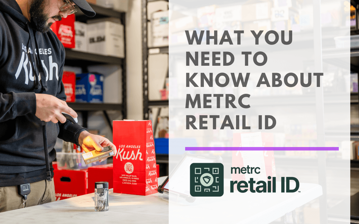 Budtender scanning a product with a handheld scanner in a dispensary, next to the Metrc Retail ID logo and the title "What You Need to Know About Metrc Retail ID in Meadow."