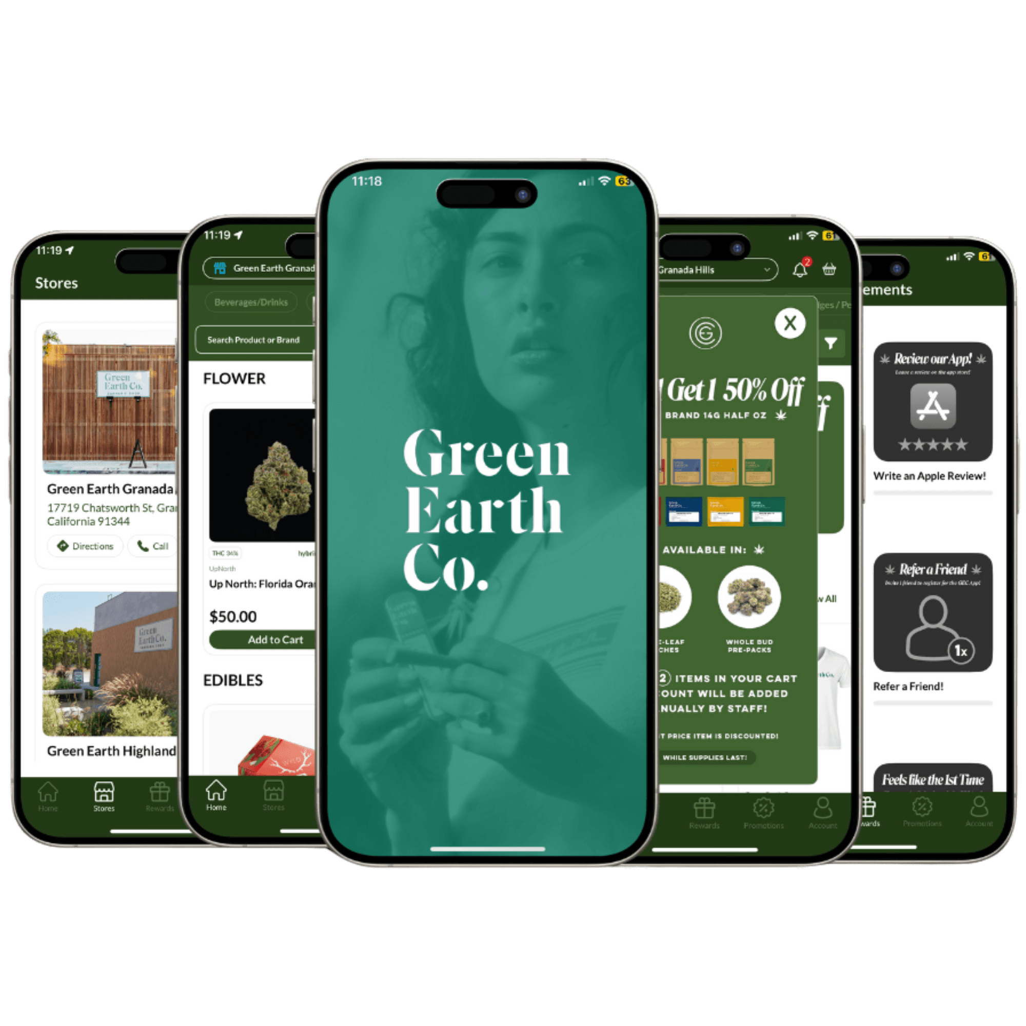 This image showcases the branded mobile app for Green Earth Co., a cannabis retailer in California, built through the integration between Digital Awesome and Meadow.
Five phones highlight key app features:
Store List – Multiple Green Earth locations are shown with contact options and directions.
Product Listings – Flower and edibles with detailed pricing, tied directly to Meadow’s live inventory.
Splash Screen – A striking image overlayed with Green Earth Co.’s logo, reinforcing brand identity.
Promotions Page – Visual banners highlighting deals like “Buy 1 Get 1 50% Off,” integrated with staff-facing notes.
Rewards & Referrals – A gamified loyalty system where users can refer friends and leave reviews to earn rewards.
This integration gives Green Earth Co. a powerful, branded mobile experience, combining Meadow’s compliance-ready backend with Digital Awesome’s flexible front-end tools to strengthen customer engagement and retention.