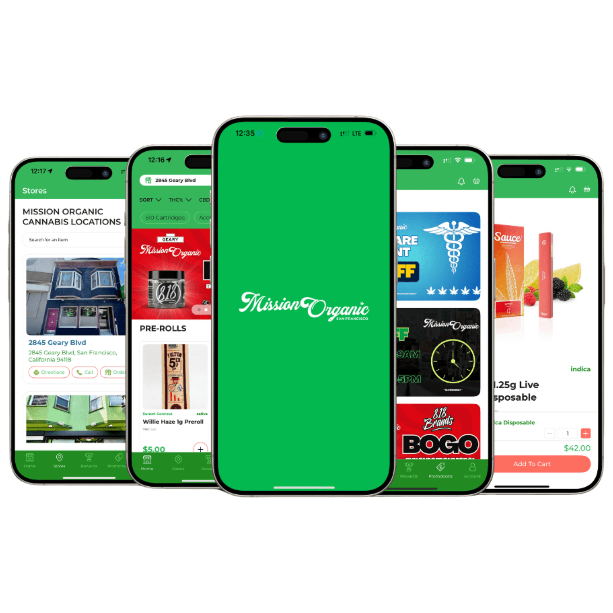 This image highlights the integration between Digital Awesome and Meadow, featuring San Francisco-based cannabis retailer Mission Organic.
Five mobile phones are displayed, showcasing different screens of Mission Organic’s branded app powered by DispensaryMate and Meadow:
Store Locator – A clean interface showing available store locations with map directions and ordering options.
Product Menu – A real-time Meadow-powered catalog with product categories and prices.
Launch Screen – A bold green screen featuring the Mission Organic logo at center.
Promotions Hub – Eye-catching graphics with current discounts and limited-time offers.
Product Detail Page – A cannabis product listing with price, quantity selector, and 'Add to Cart' button.
The image demonstrates how Mission Organic uses Meadow’s POS and inventory infrastructure with Digital Awesome’s mobile engagement platform to deliver a branded, seamless shopping and loyalty experience.