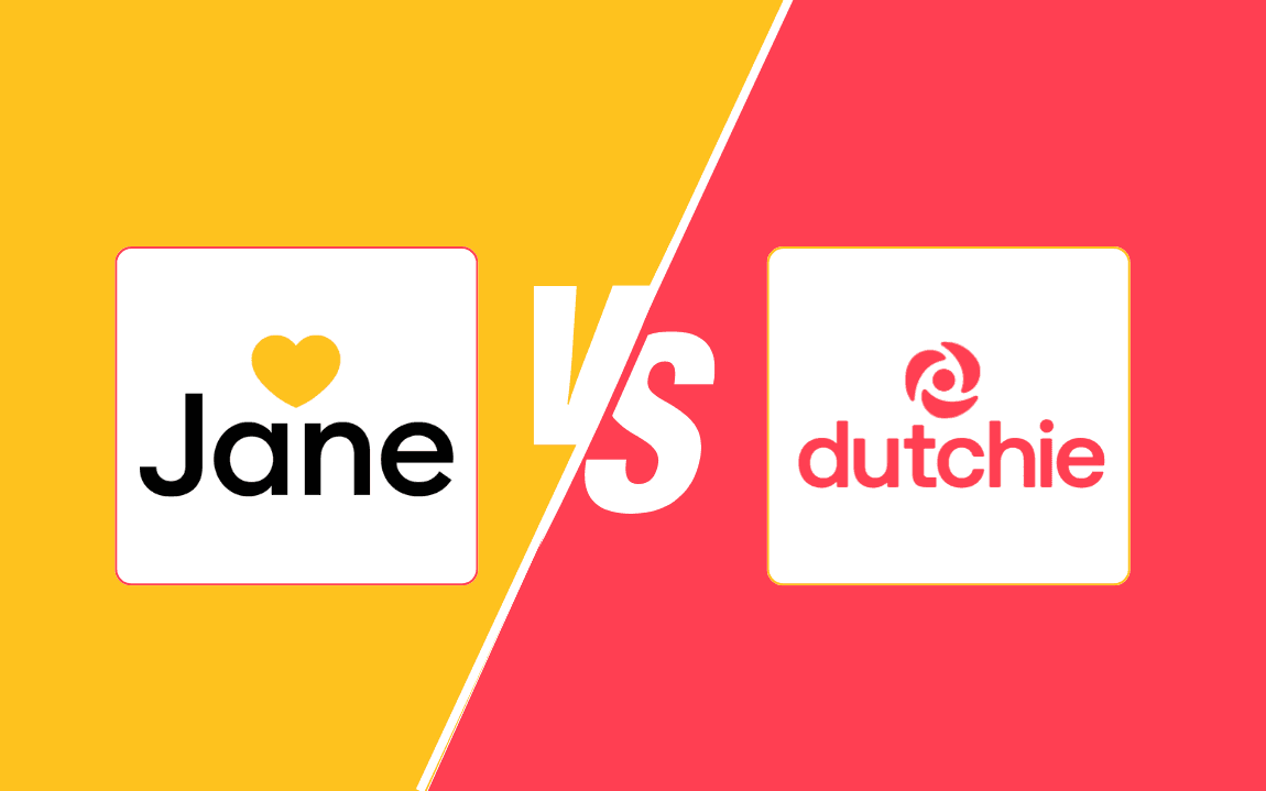 This image features a split-screen design, with Jane's logo on the left side against a bright yellow background and Dutchie's logo on the right side set against a bold red background. A prominent "VS" in white text is positioned in the center, dividing the two sides with a diagonal line, symbolizing a direct comparison between the two companies.