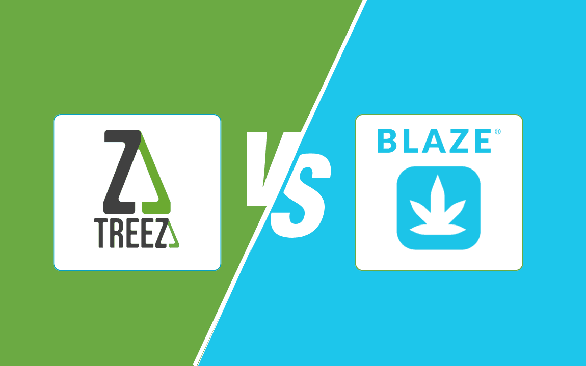 The image features the logos of Treez and Blaze positioned on opposite sides of the frame, separated by a bold, diagonal line cutting through the center. In the middle of the diagonal line is the word "vs" in a large, eye-catching font, emphasizing the competitive comparison between the two systems. The background is clean and minimalist, drawing focus to the logos and the central "vs" element, setting the tone for an in-depth evaluation of these dispensary POS software platforms.