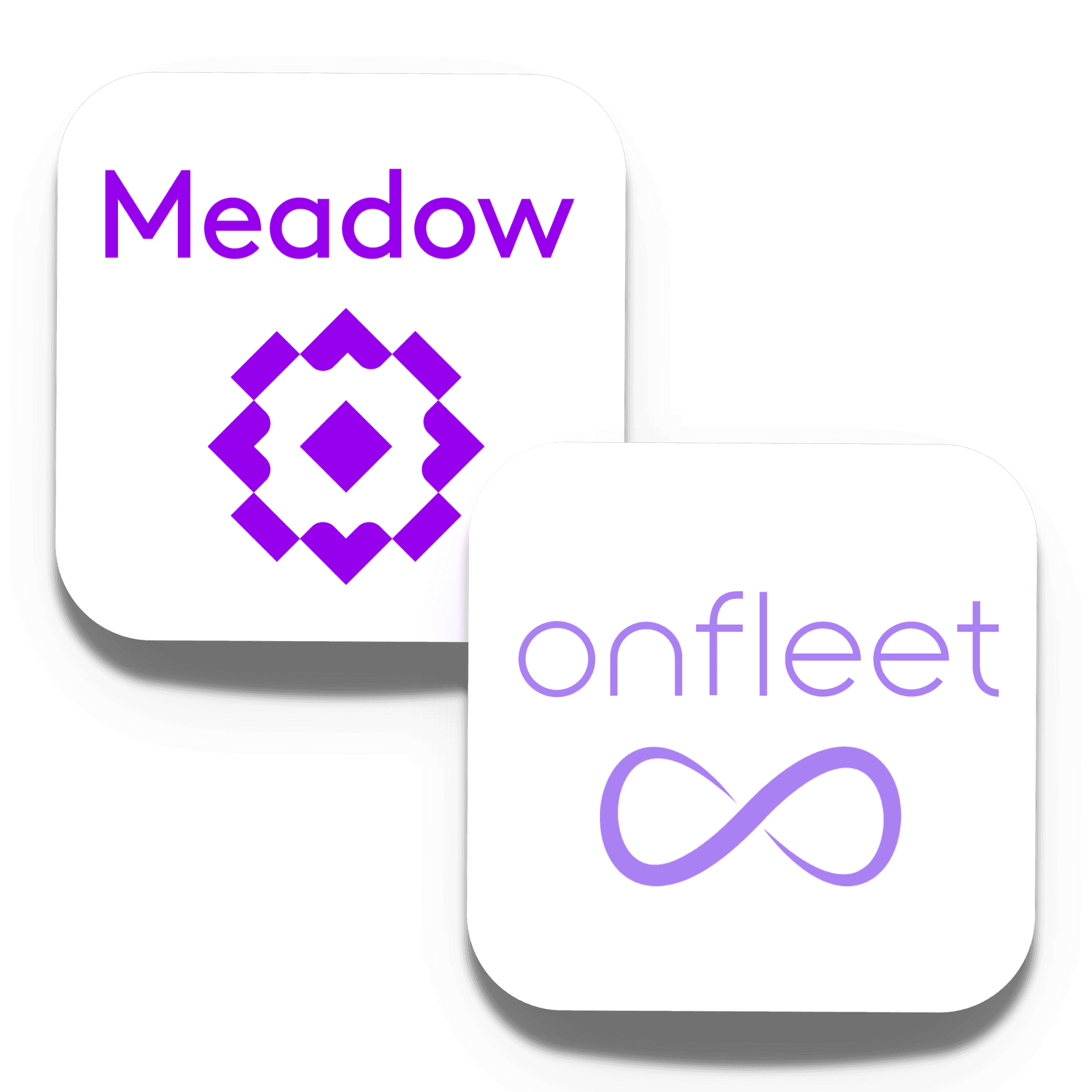 A clean, modern graphic showcasing the synergy between Meadow and Onfleet. In the top left, the Meadow logo—featuring its signature bold, purple geometric emblem and sleek wordmark—anchors the visual with confidence and clarity. Slightly overlapping in the bottom right is the Onfleet logo, characterized by a crisp, contemporary blue navigation arrow icon paired with a refined sans-serif wordmark, suggesting movement, direction, and precision.