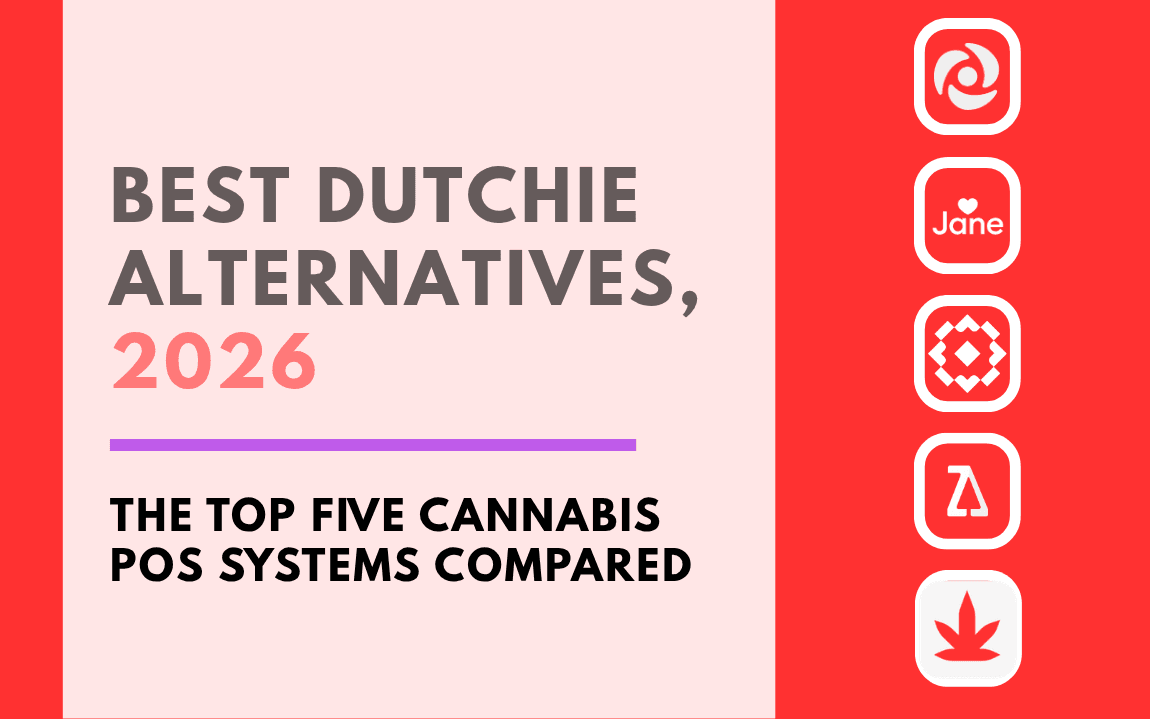 Banner image for Meadow's 2026 guide to the best Dutchie alternatives, comparing the top five cannabis POS systems for dispensary operators.
A banner graphic with a pink center panel and red side panels. The headline reads "Best Dutchie Alternatives, 2026" in bold gray and coral type, with the subhead "The top five cannabis POS systems compared" below a purple divider. A vertical column of five rounded app-icon logos runs down the right side: Dutchie, Jane, Meadow, Treez, and BLAZE.