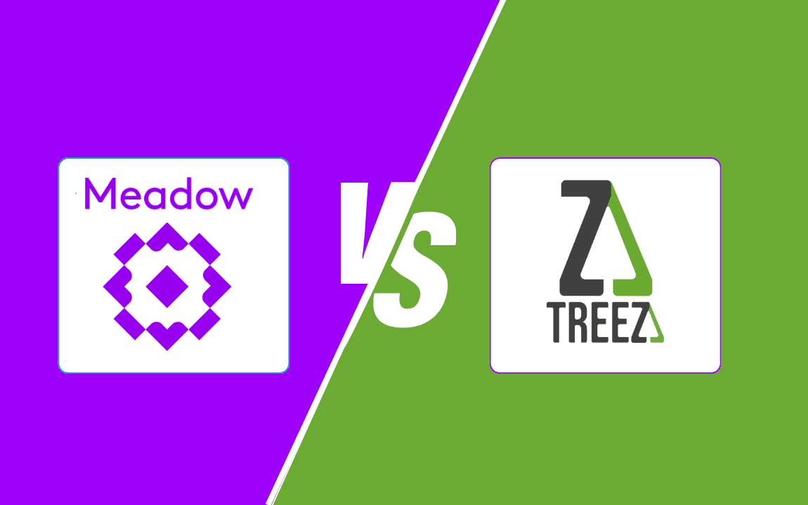 Meadow and Treez logos side by side with a versus mark, social share image for a comparison of the two cannabis dispensary POS platforms.