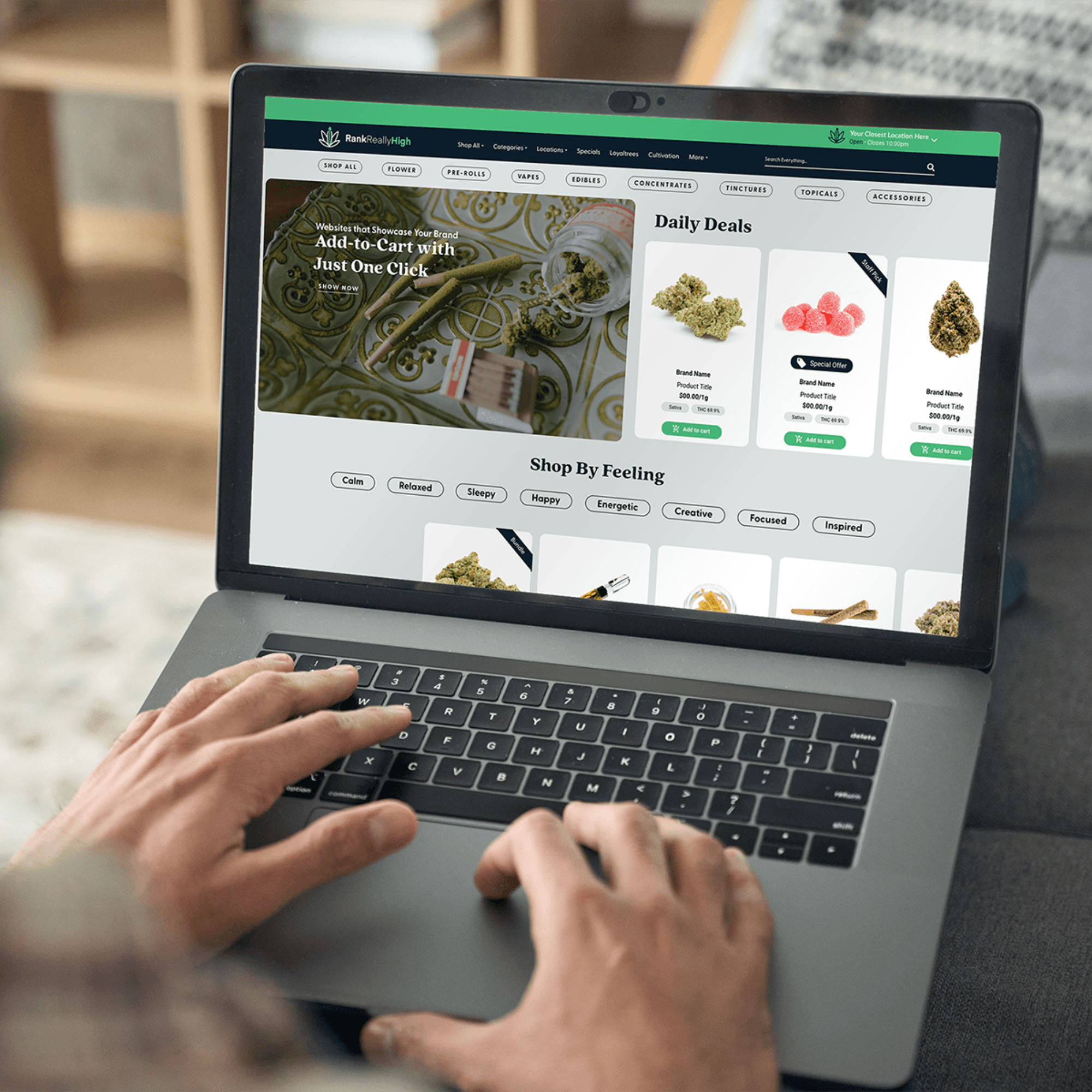 This desktop view features curated “Daily Deals,” “Shop by Feeling” filters, and a streamlined product grid:
Search-to-Sale Flow: Rank Really High’s SEO-optimized pages draw traffic directly into featured product experiences.
Live Sync with Meadow: Promotions, inventory, and cart logic stay fully aligned with Meadow’s database—so customers only see what’s truly in stock and ready to sell.