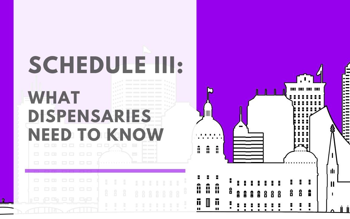 Illustrated banner with the headline “Schedule III: What Dispensaries Need to Know,” featuring a city skyline and government buildings. The image represents cannabis rescheduling to Schedule III and its impact on dispensary operations and retail cannabis economics.
