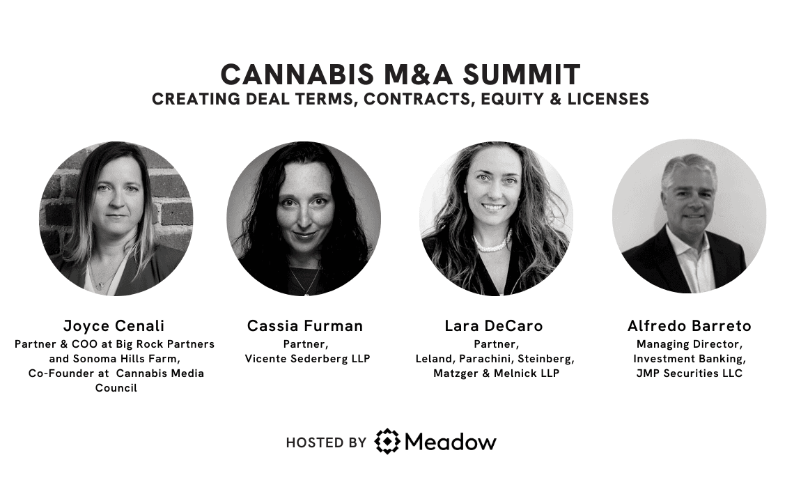 Joyce Cenali 
Partner & COO at Big Rock Partners and Sonoma Hills Farm, Co-Founder at  Cannabis Media Council

Alfredo Barreto
Managing Director, Investment Banking, JMP Securities LLC

Lara DeCaro 
Partner, Leland, Parachini, Steinberg, Matzger & Melnick LLP

Cassia Furman 
Partner, Vicente Sederberg LLP