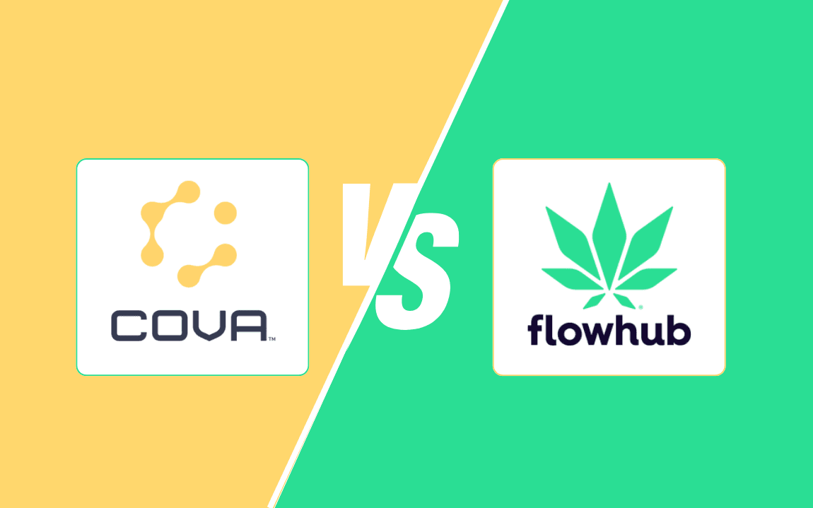 A split-screen graphic compares two cannabis software platforms, Cova and Flowhub. The left side features the Cova logo against a yellow background, showcasing its minimalist, interconnected dot design. The right side displays the Flowhub logo with a green cannabis leaf icon on a green background. A bold white "VS" is centered between the two logos, emphasizing the comparison. The vibrant colors and clean design convey a head-to-head evaluation of the two platforms.