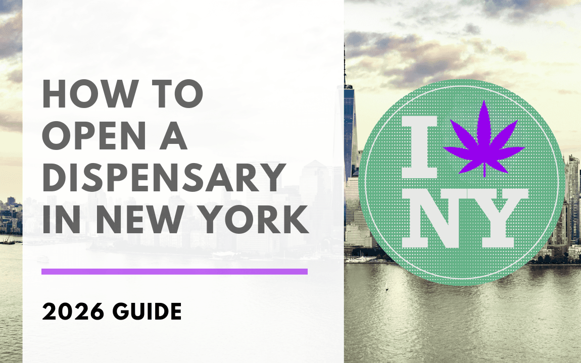 Blog banner reading 'How to Open a Dispensary in New York: 2026 Guide' with a Manhattan skyline view and an I-Love-NY style emblem featuring a cannabis leaf.