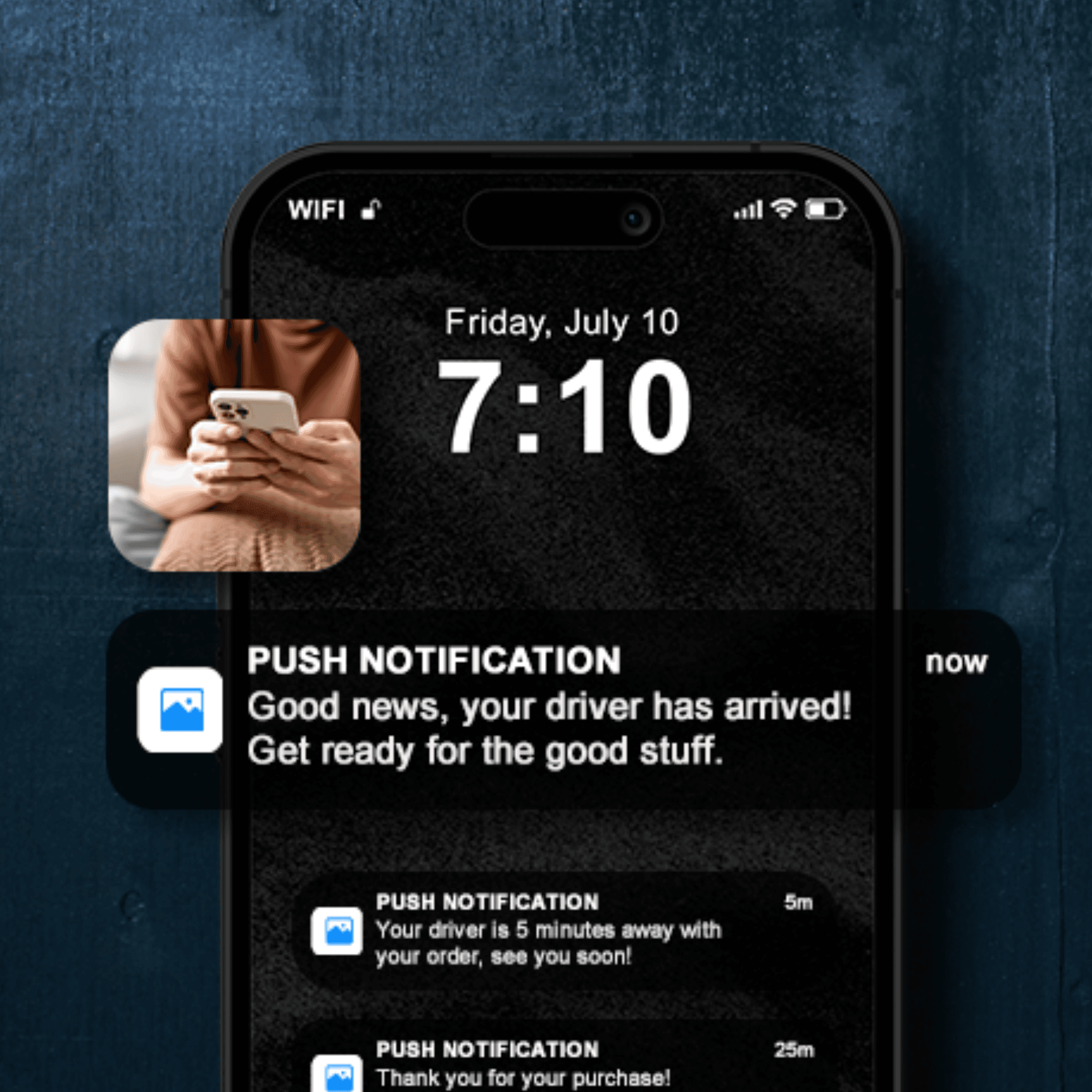 A smartphone lock screen displays multiple push notifications, including: “Good news, your driver has arrived! Get ready for the good stuff.” This highlights Springbig’s ability to send real-time delivery updates and marketing messages through push notifications.