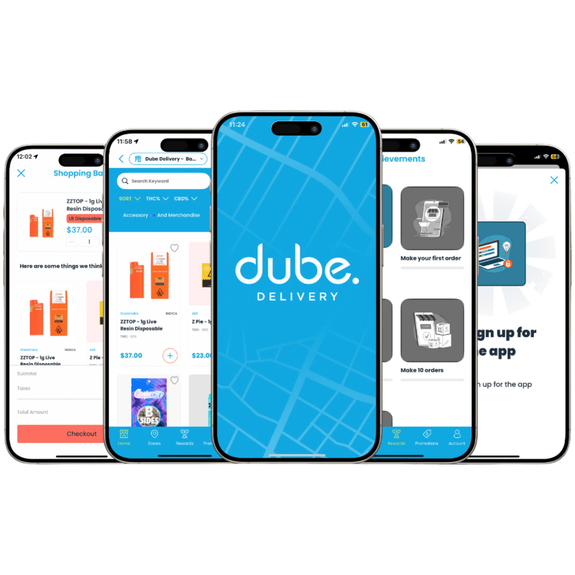 This image showcases the integration between Digital Awesome and Meadow, featuring mutual partner Dube Delivery. Displayed across five mobile phone screens, the image highlights key features of Dube’s custom-branded mobile app built on Digital Awesome’s DispensaryMate platform and powered by Meadow’s POS system.
From left to right, the screens illustrate:
Shopping Cart Interface – A user’s cart with cannabis products, pricing, and a checkout button.
Product Menu – A live, Meadow-synced inventory with categories, filters, and product details.
App Launch Screen – Featuring Dube’s logo over a stylized map background.
Loyalty & Achievements – A gamified rewards interface with badges for completed milestones.
Signup Reward Prompt – Encouraging users to sign up and unlock additional perks.
Together, the visual demonstrates how Digital Awesome and Meadow collaborate to deliver seamless mobile shopping, loyalty, and fulfillment experiences for cannabis retailers like Dube.