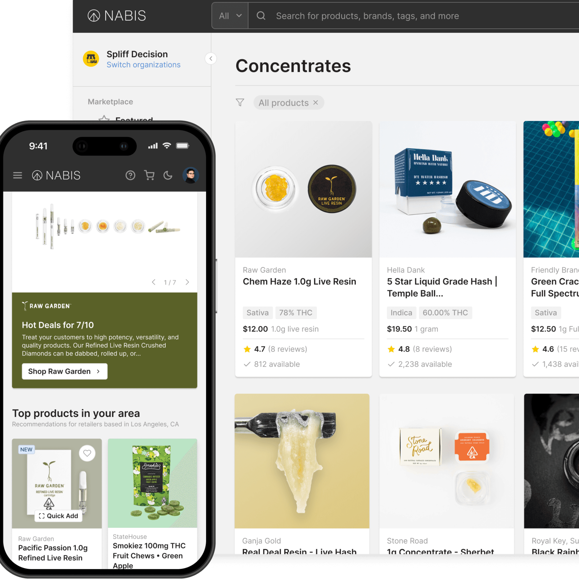 Displayed across mobile and desktop interfaces, this image showcases Nabis' dynamic wholesale product marketplace:
Meadow Integration Advantage: When synced with Meadow, products ordered via Nabis automatically flow into Meadow’s inventory, eliminating manual entry and ensuring real-time availability.
Smarter Merchandising: Dispensaries using Meadow can leverage Nabis' curated promotions and top product picks to keep shelves stocked with in-demand items, streamlining procurement and point-of-sale efficiency.