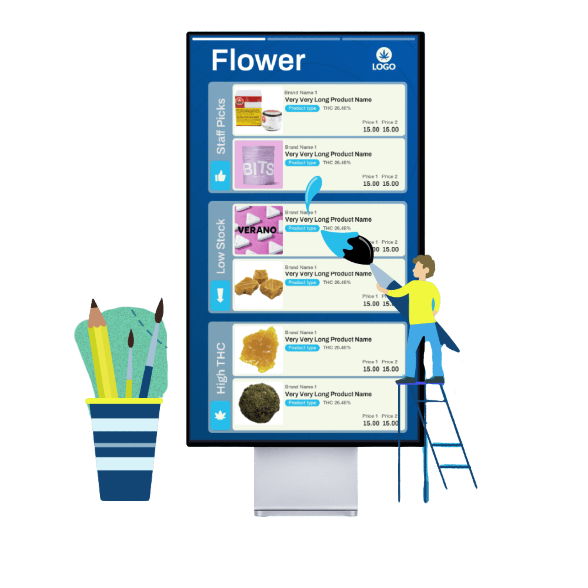 A dispensary staff member receives live assistance while managing product data from behind the counter:
Effortless Setup: Divvy’s customer support and Meadow’s structured product data make it easy to launch and maintain high-impact displays without tech complexity.
Unified Platform: The integration ensures that everything from pricing to promotions is reflected accurately and legally at the point of customer interaction.