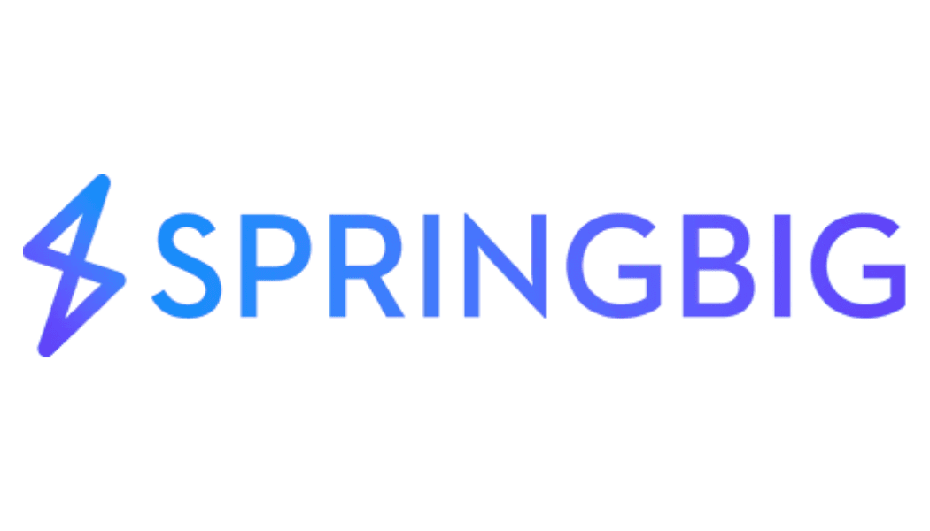 The Springbig logo features a stylized lightning bolt icon tilted to the left, rendered in a gradient of purple to blue. To the right, the word “SPRINGBIG” appears in uppercase letters, also in a purple-to-blue gradient, using a clean, modern sans-serif font. The design conveys energy and technology, aligning with Springbig’s focus on cannabis marketing and messaging tools.