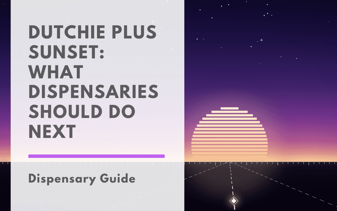 Retro synthwave illustration of a striped sun setting over a dark horizon beneath a purple-to-orange gradient sky dotted with stars, with a dashed road receding toward the vanishing point. Headline text reads 'Dutchie Plus Sunset: What Dispensaries Should Do Next,' tagged 'Dispensary Guide.'