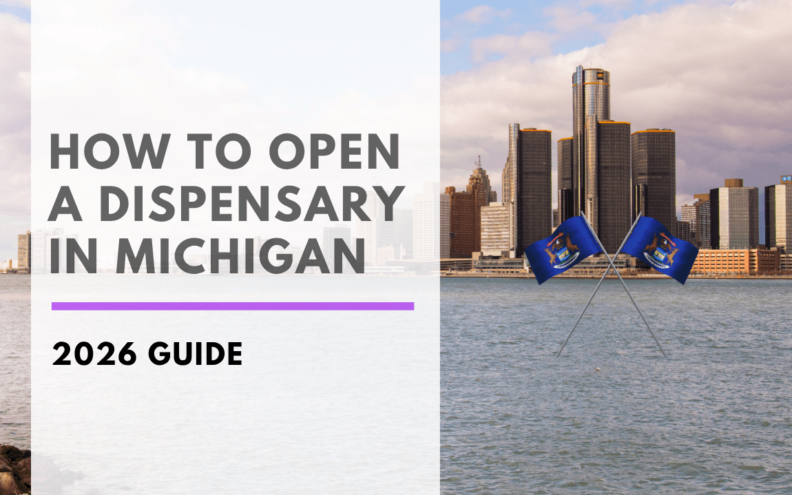 Blog header graphic split into two panels. Left panel is a light overlay with gray and black text reading "How to Open a Dispensary in Michigan" above a purple accent rule and "2026 Guide." Right panel shows the Detroit riverfront and Renaissance Center towers under a partly cloudy sky