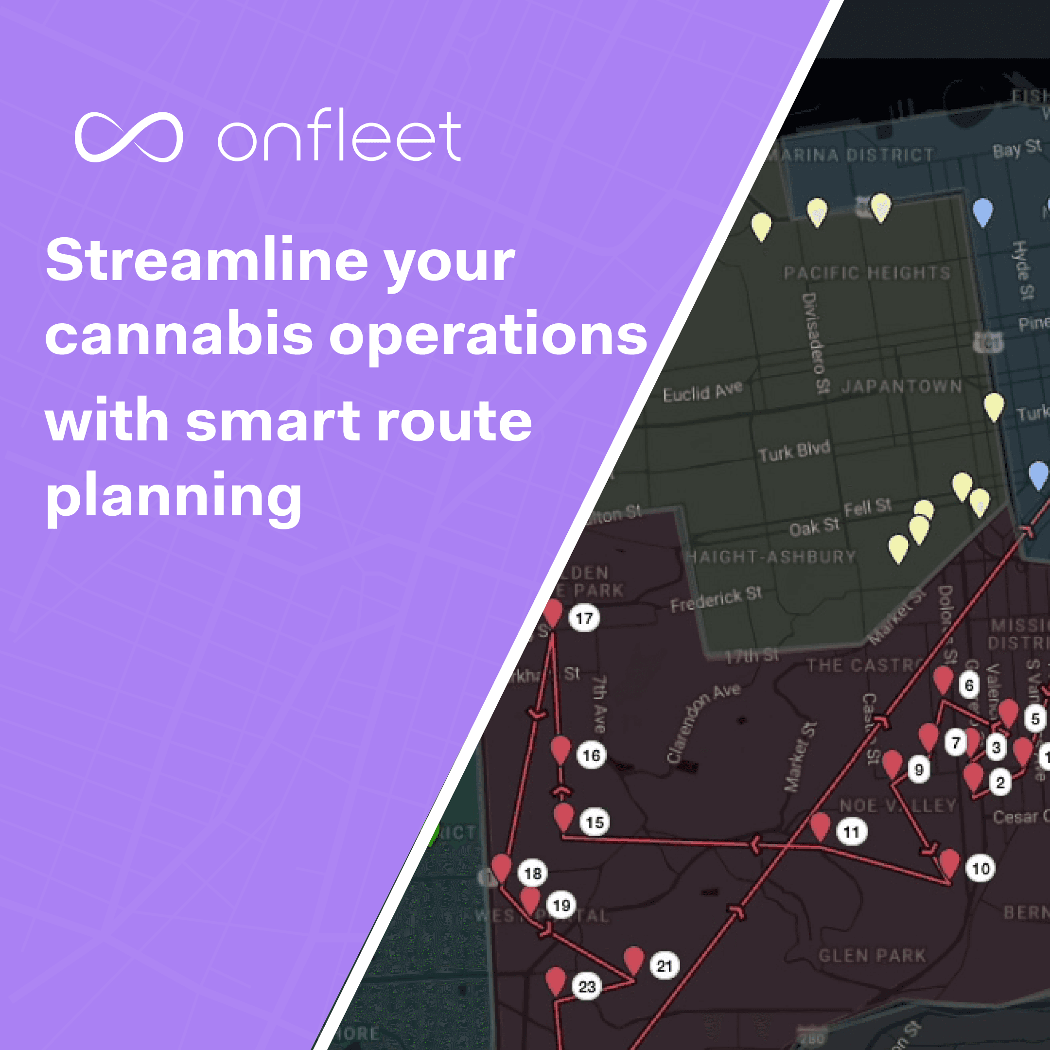 Onfleet as “The Leading Cannabis Delivery Management Software”, set against a clean, map-patterned background. The laptop screen displaying a dark mode delivery interface reinforces its advanced logistics capabilities, positioning Onfleet as the go-to solution for real-time delivery tracking and fleet visibility.