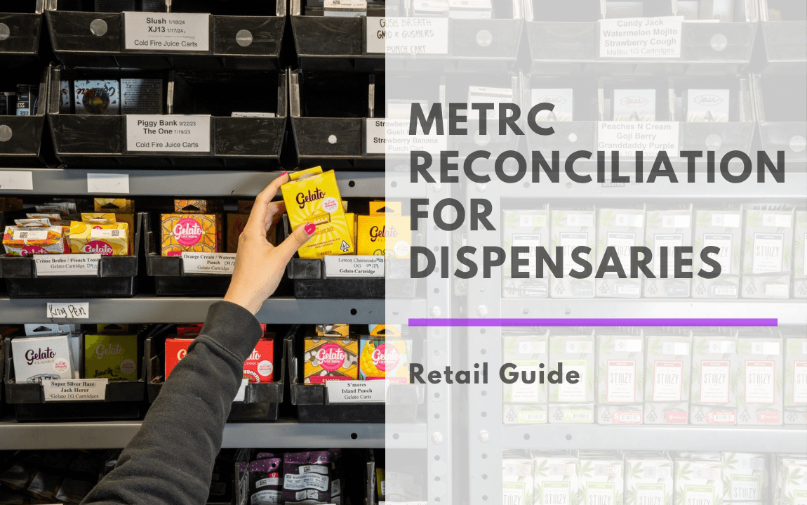 Dispensary staff pulling a Gelato cartridge from labeled inventory bins — banner for the METRC reconciliation retail guide